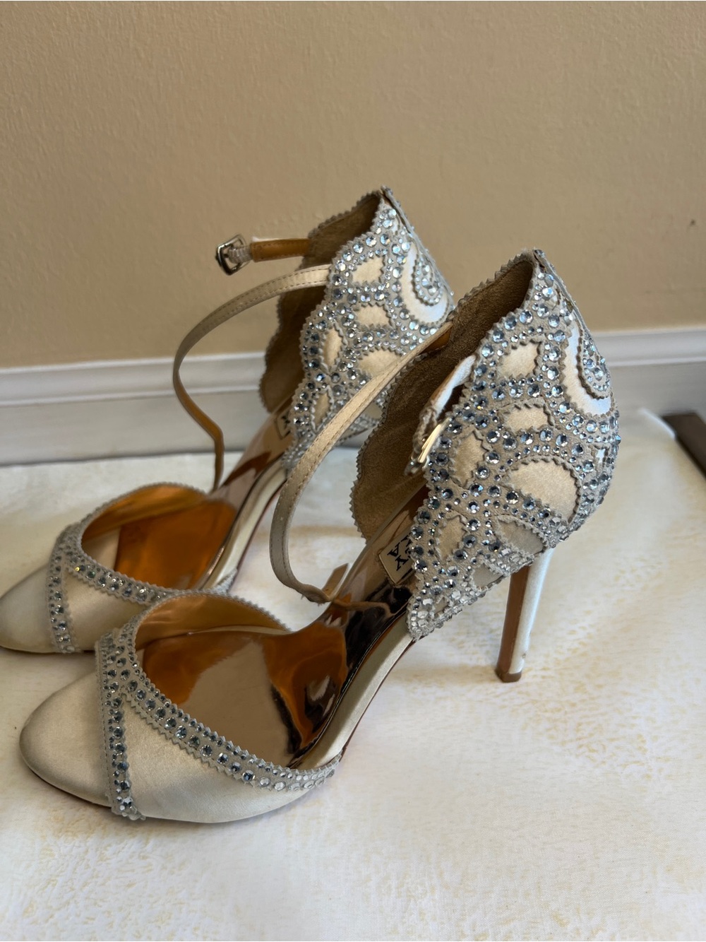 Badgley Mischka Ivory Crystal Ankle-Strap High Heels